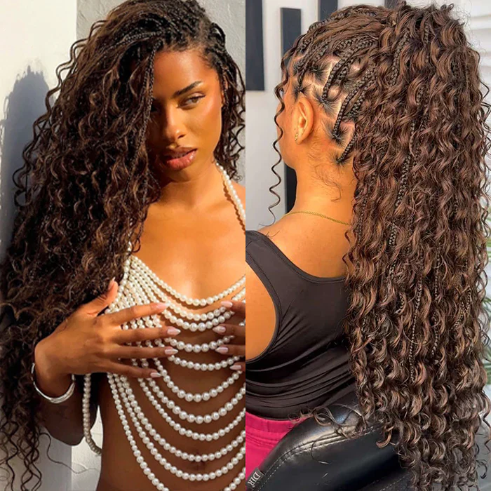 13x6 HD Full Lace Knotless Boho Braided Wigs With Curls Ombre Brown Drawstring Pull Go Wig - Image 3