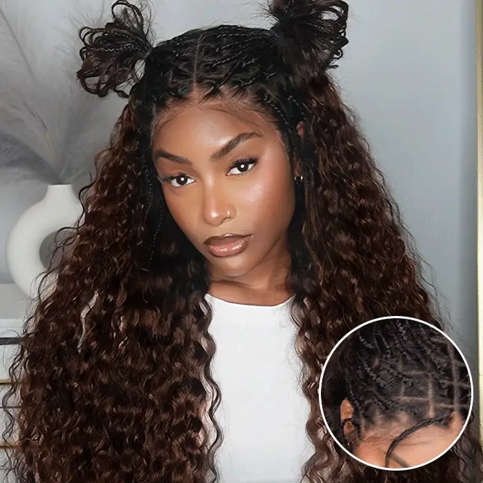13x6 HD Full Lace Knotless Boho Braided Wigs With Curls Ombre Brown Drawstring Pull Go Wig - Image 4