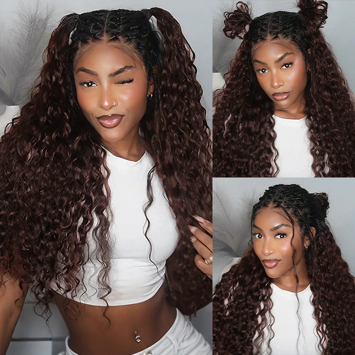 13x6 HD Full Lace Knotless Boho Braided Wigs With Curls Ombre Brown Drawstring Pull Go Wig - Image 5