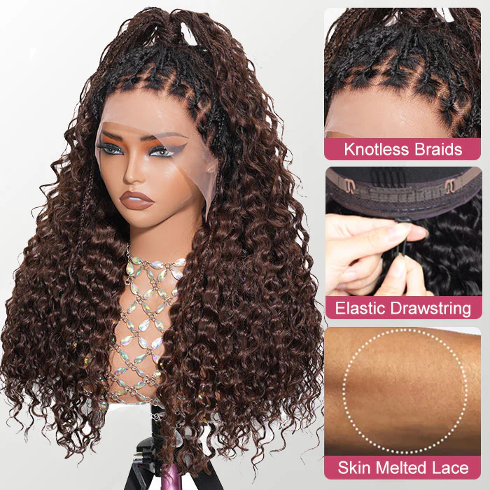 Braided Glueless Wig Drawstring Cap 13x6 HD Lace Front Knotless Boho Curls Human Hair Wigs - Image 12