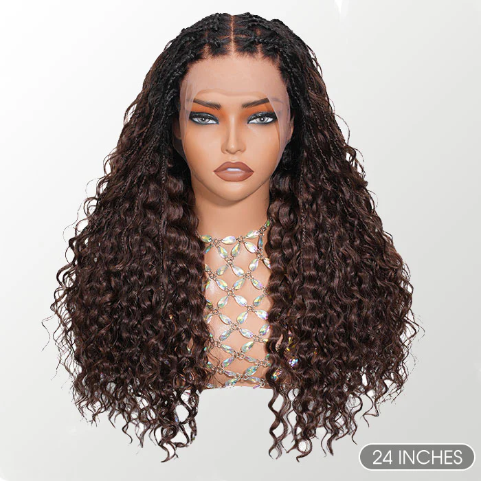 13x6 HD Full Lace Knotless Boho Braided Wigs With Curls Ombre Brown Drawstring Pull Go Wig - Image 7