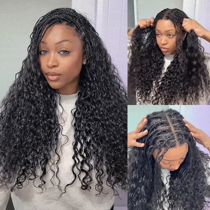 13x6 HD Full Lace Knotless Boho Braided Wigs With Curls Ombre Brown Drawstring Pull Go Wig - Image 9