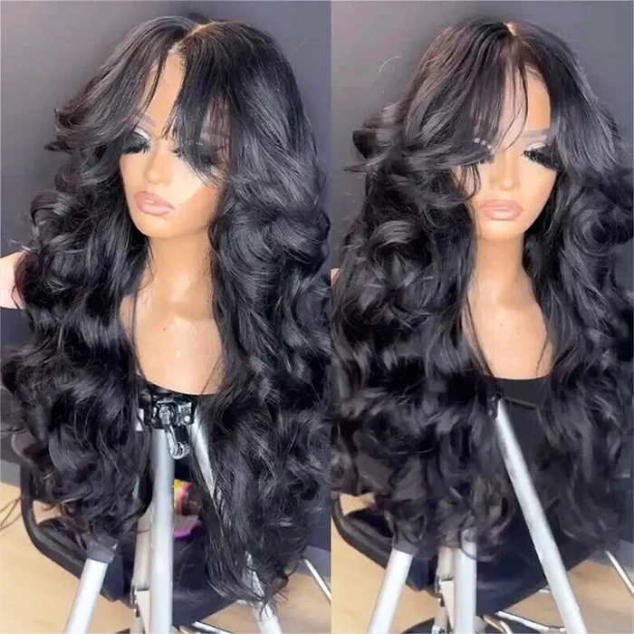 250% Density Loose Body Wave Curtain Bangs Wig Pre Bleached Glueless 13x6 Full Lace Front Human Hair Wigs - Image 3