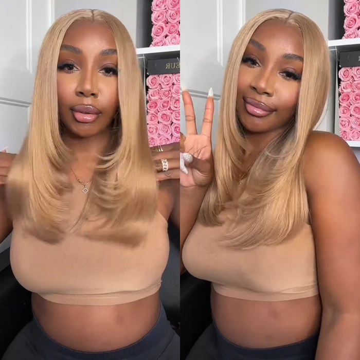 #27 Cameral Blonde Straight Glueless Layered Cut Wig 13x4 13x6 Human Hair HD Lace Front Wig - Image 4