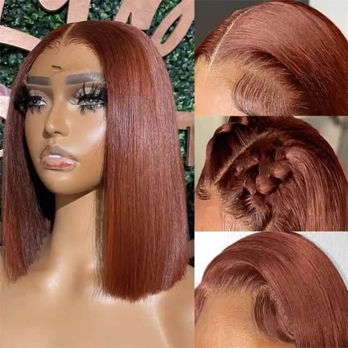 #33 Dark Auburn Color Short Reddish Brown Bob Wig 13x4/4x4 Bob Lace Frontal Wigs - Image 8