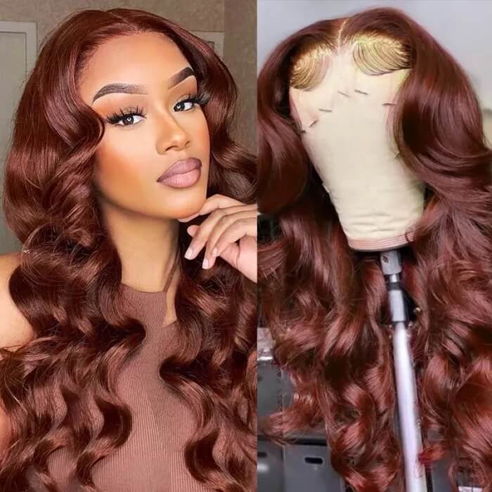Subella #33 Reddish Brown Auburn 13x4 HD Transparent Lace Front Wig Body Wave Human Hair Colored Wigs - Image 4