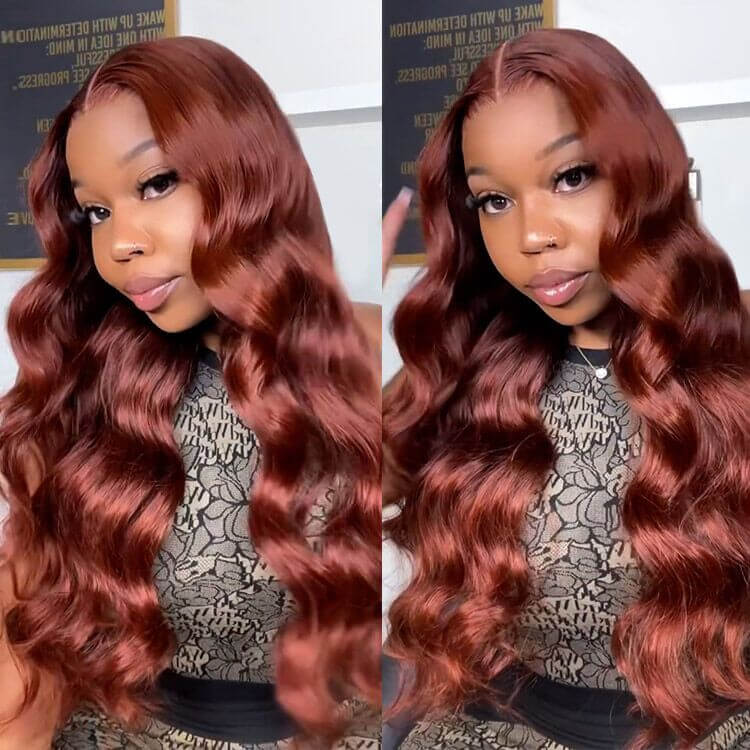 Subella #33 Reddish Brown Auburn 13x4 HD Transparent Lace Front Wig Body Wave Human Hair Colored Wigs - Image 5
