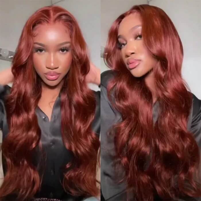 Subella #33 Reddish Brown Auburn 13x4 HD Transparent Lace Front Wig Body Wave Human Hair Colored Wigs - Image 6