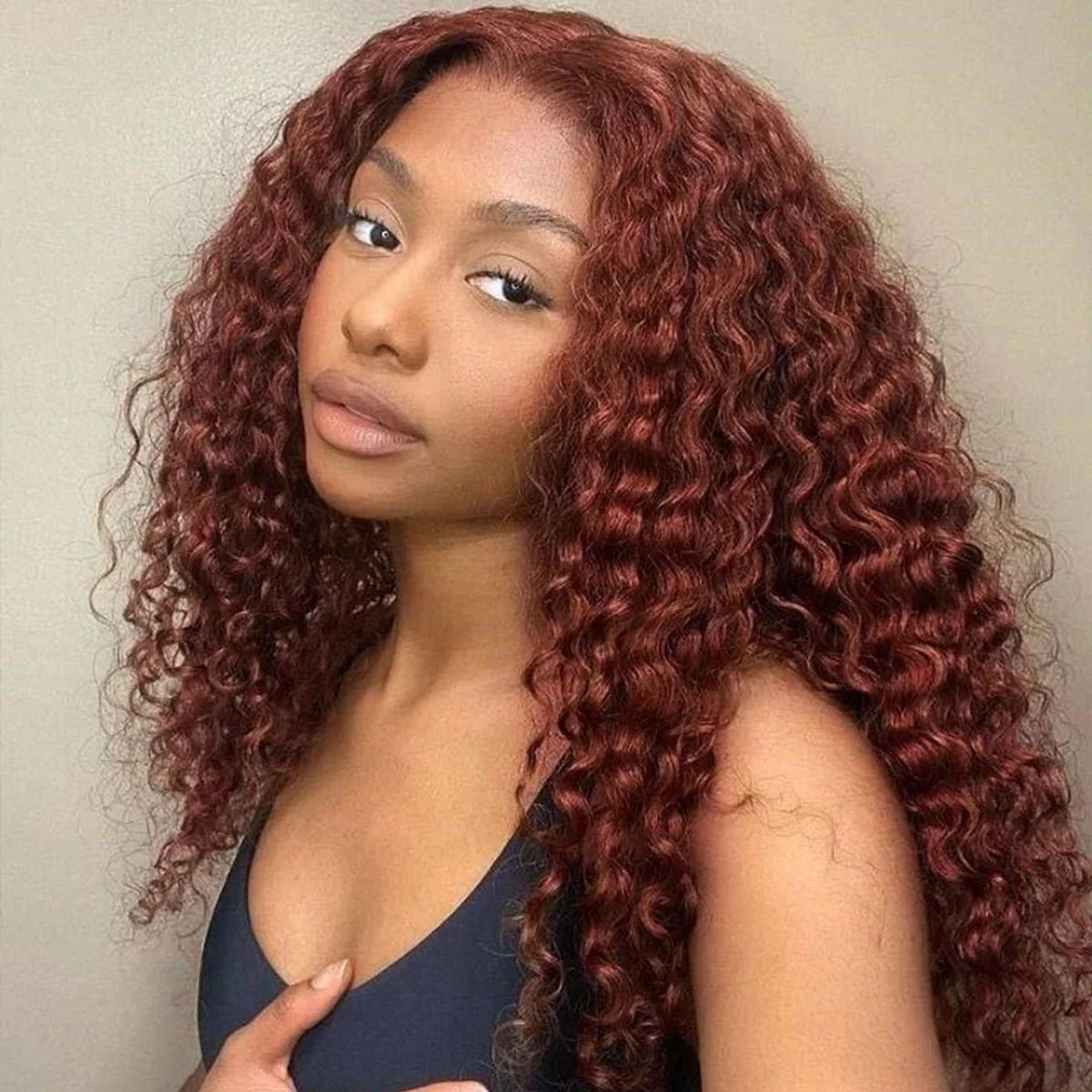 #33 Reddish Brown Auburn Water Wave Human Hair Wig HD Transparent 13x4 Lace Front Wig - Image 3