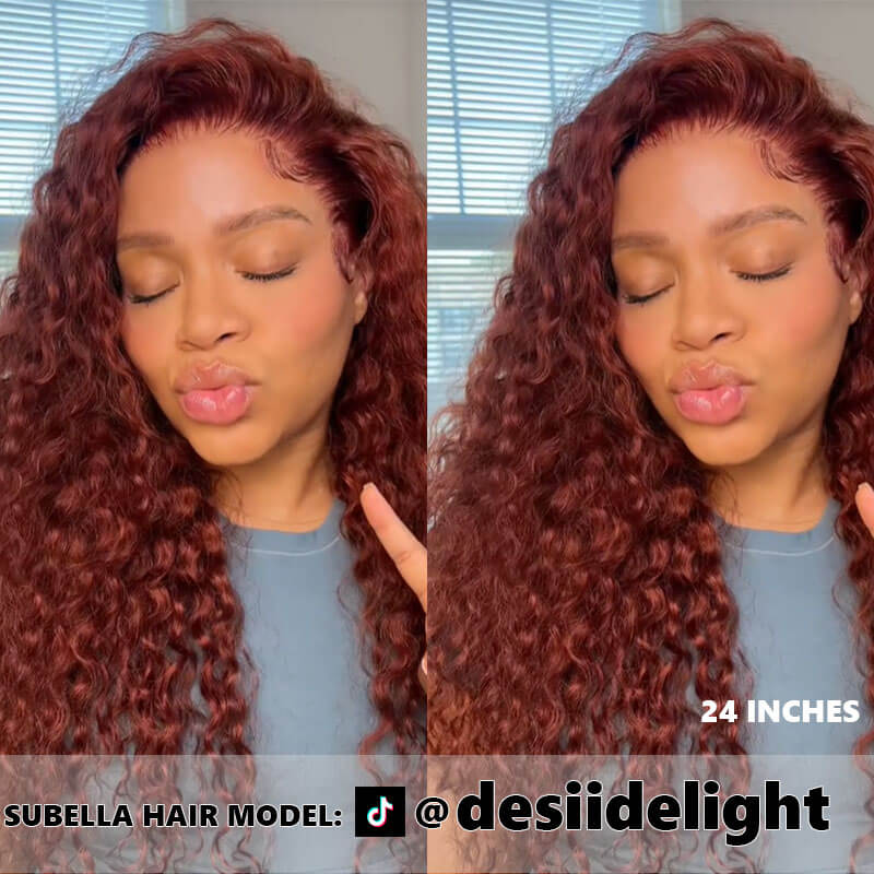 #33 Reddish Brown Auburn Water Wave Human Hair Wig HD Transparent 13x4 Lace Front Wig - Image 4