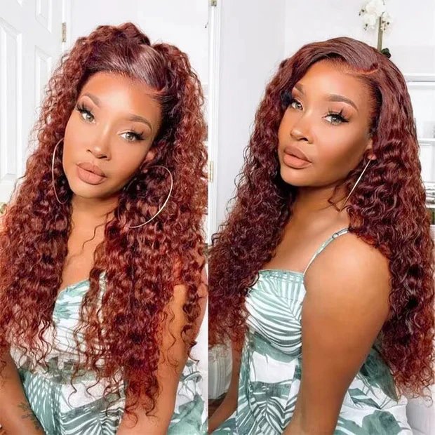 #33 Reddish Brown Auburn Water Wave Human Hair Wig HD Transparent 13x4 Lace Front Wig - Image 5