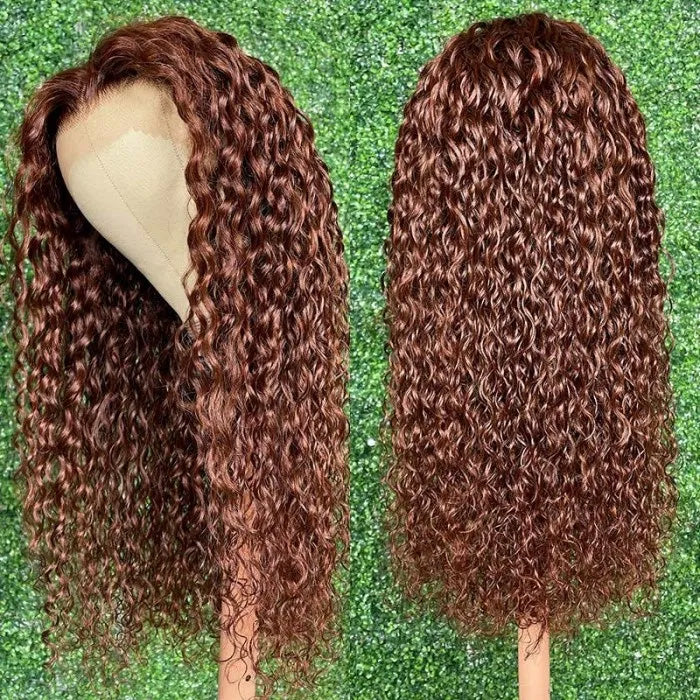 #33 Reddish Brown Auburn Water Wave Human Hair Wig HD Transparent 13x4 Lace Front Wig - Image 6