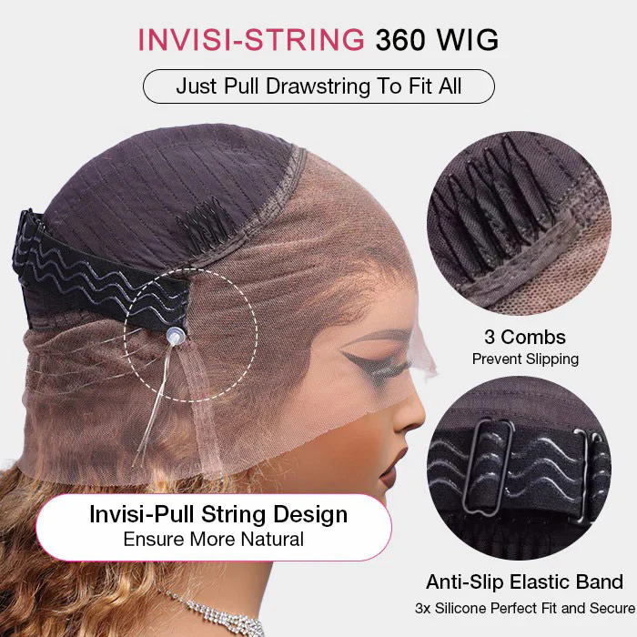 Invisi-String 360 HD Lace Frontal Balayage Highlights Blonde Glueless Wig Snug Fit Water Wave Human Hair Wigs - Image 6