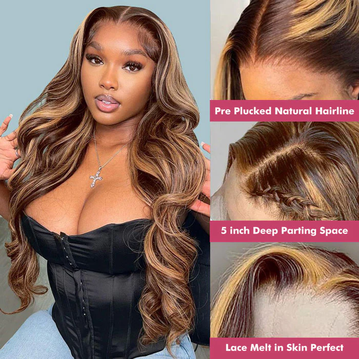 8x5 Pre Cut Lace Glueless Highlight Brown Blonde Body Wave Wig With Bleached Knots Special Offer - Image 4