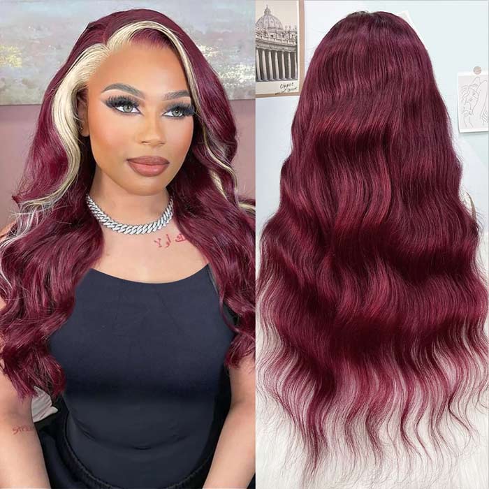 99J Burgundy Skunk Stripe Wig Highlight Blonde Body Wave 13x4 Lace Front Human Hair Wigs - Image 4
