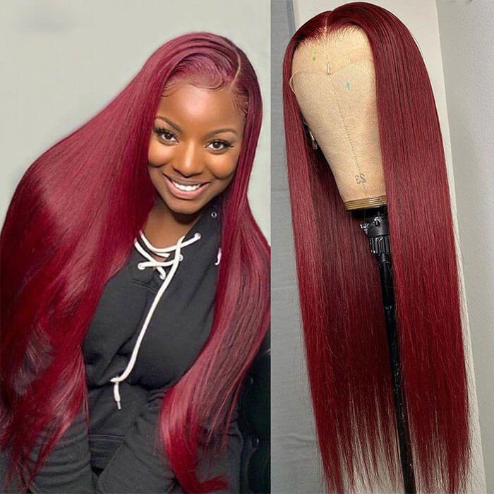 99J Straight 13x4 Burgundy HD Transparent Lace Front Pre Plucked Colored Human Hair Wigs for Women - Image 3