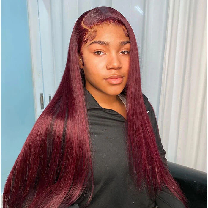 99J Straight 13x4 Burgundy HD Transparent Lace Front Pre Plucked Colored Human Hair Wigs for Women - Image 6