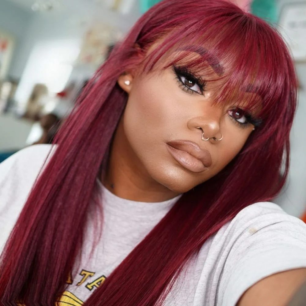 #99J Straight Human Hair Wigs With Bangs Top Lace Wig With Bangs - Image 3