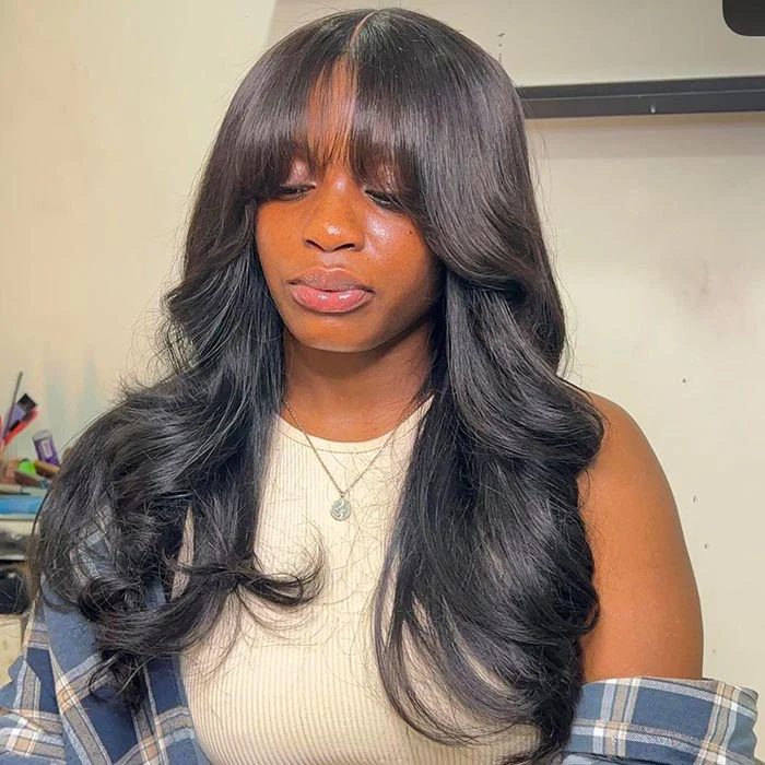 Air Bangs Body Wave Glueless Wig Fluffy 8x5 Pre Cut Lace Naural & Highlights Human Hair Wig with Bangs Special Offer - Image 3