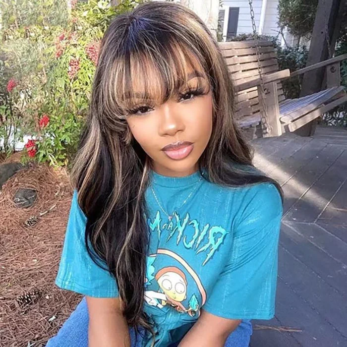 Air Bangs Body Wave Glueless Wig Fluffy 8x5 Pre Cut Lace Naural & Highlights Human Hair Wig with Bangs Special Offer - Image 4