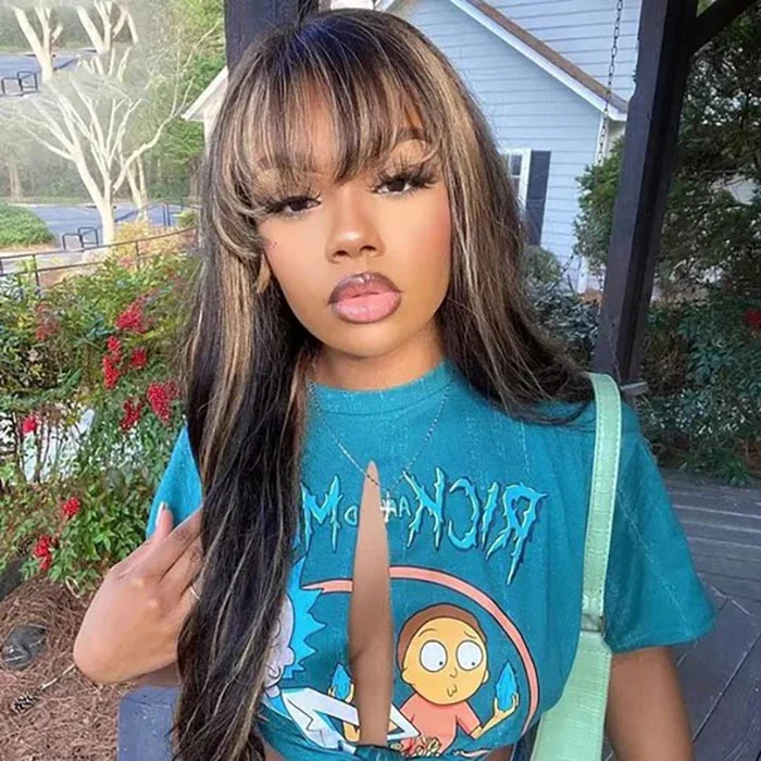 Air Bangs Body Wave Glueless Wig Fluffy 8x5 Pre Cut Lace Naural & Highlights Human Hair Wig with Bangs Special Offer - Image 5