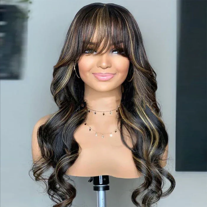 Clearance Sale | Blonde Highlight Body Wave Wig With Bangs HD Lace Human Hair Bangs Wig For Women Special Offer - Image 3