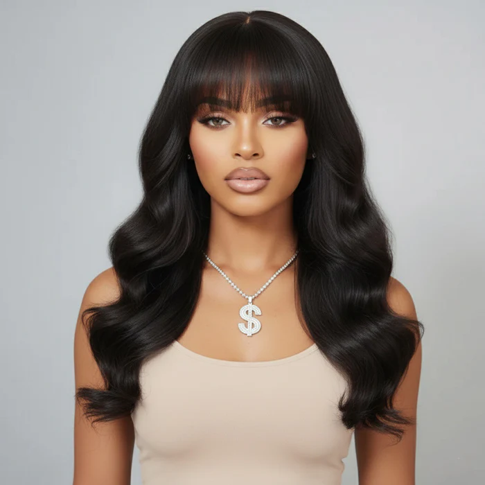 Clearance Sale | Blonde Highlight Body Wave Wig With Bangs HD Lace Human Hair Bangs Wig For Women Special Offer - Image 6