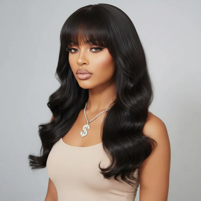 Clearance Sale | Blonde Highlight Body Wave Wig With Bangs HD Lace Human Hair Bangs Wig For Women Special Offer - Image 7