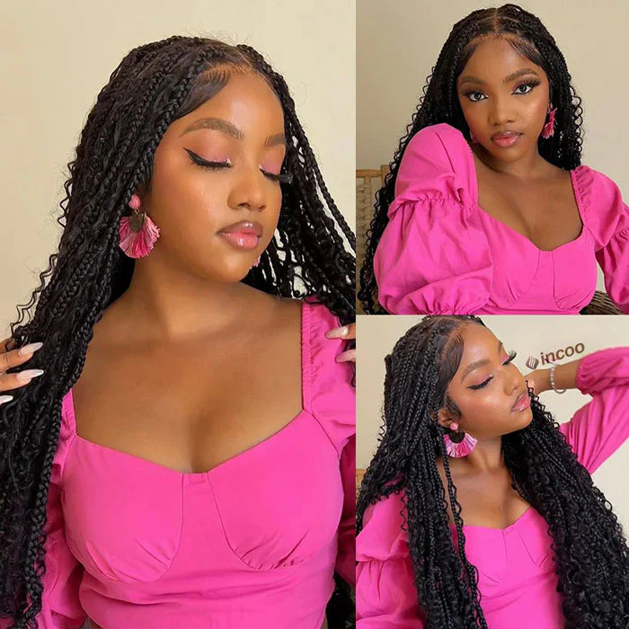 Braided Glueless Wig Drawstring Cap 13x6 HD Lace Front Knotless Boho Curls Human Hair Wigs - Image 3