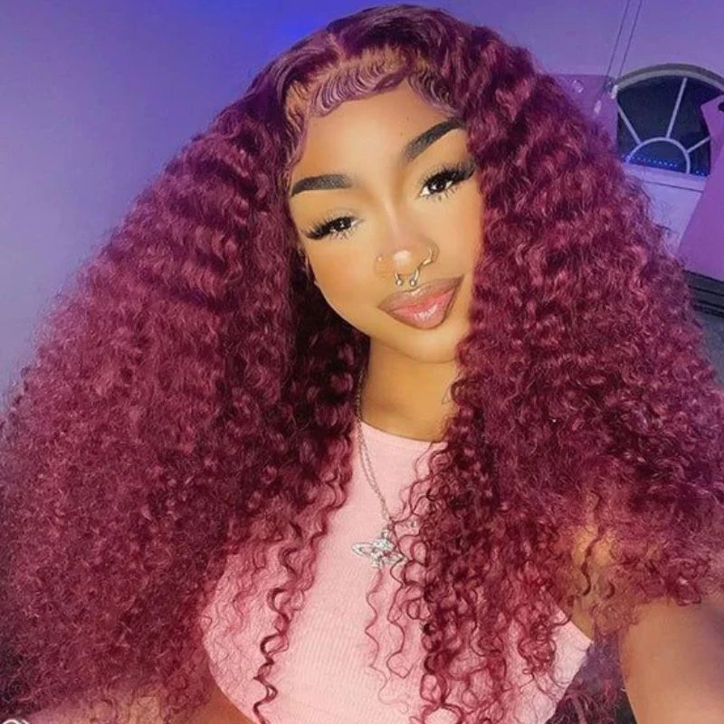 Burgundy 99j Wig Curly Human Hair Colored Wigs HD Transparent Lace Closure Wigs - Image 3