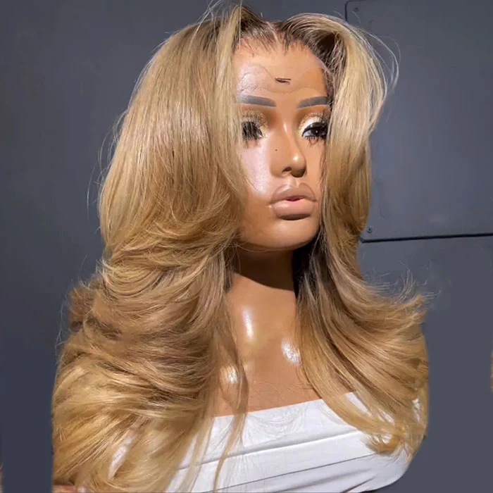 Butterfly Haircut Curtain Bangs Wig T4/27 Dark Roots Ombre Blonde Body Wave HD Lace Layered Cut Wig - Image 3