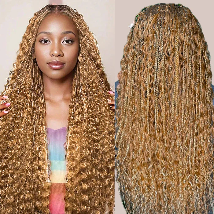 Cameral Blonde Color Boho Box Braided Wig Glueless 13x6 Full Lace Knotless Braids Wig with Curls - Image 3