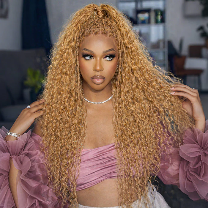 Cameral Blonde Color Boho Box Braided Wig Glueless 13x6 Full Lace Knotless Braids Wig with Curls - Image 4