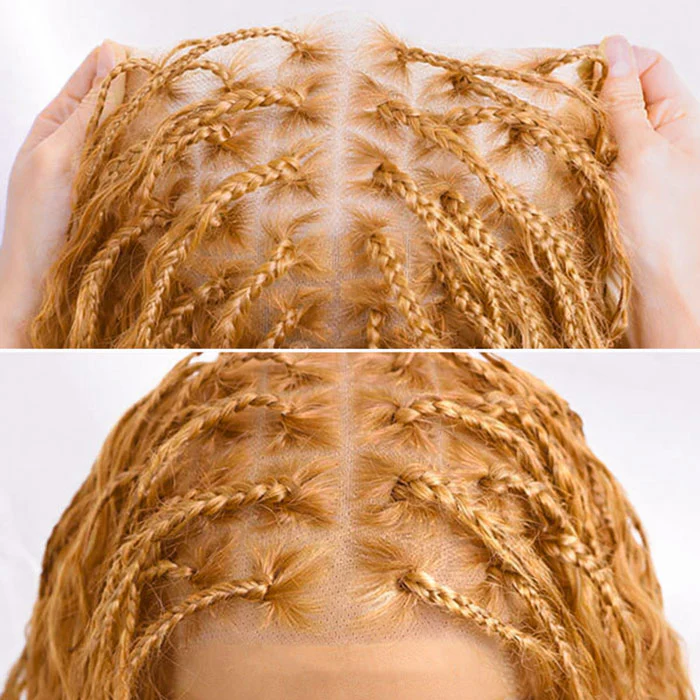 Cameral Blonde Color Boho Box Braided Wig Glueless 13x6 Full Lace Knotless Braids Wig with Curls - Image 5