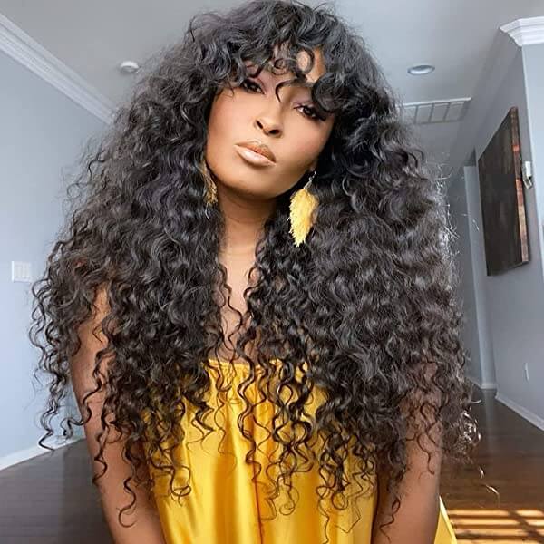 Curly Human Hair Wigs With Bangs Top Lace Front Human Hair Wigs 180% Density - Image 3