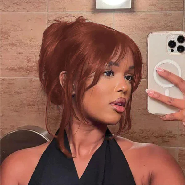 Curtain Bangs Glueless HD Lace Wig Reddish Brown Straight Human Hair Wigs with Adjustable Strap - Image 11