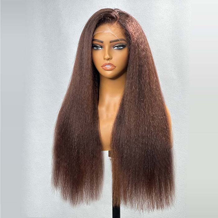 Dark Chestnut Brown 4C Edges Hairline Kinky Straight Wig Glueless Human Hair Wigs with Curly Baby Hair - Image 3