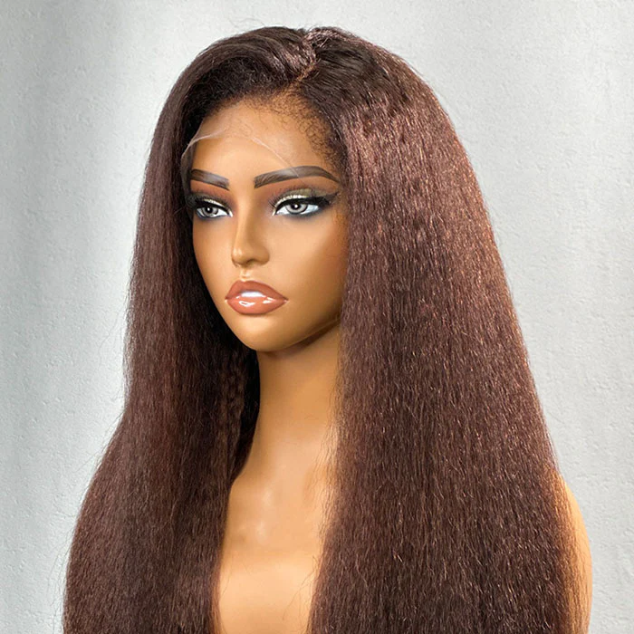 Dark Chestnut Brown 4C Edges Hairline Kinky Straight Wig Glueless Human Hair Wigs with Curly Baby Hair - Image 4