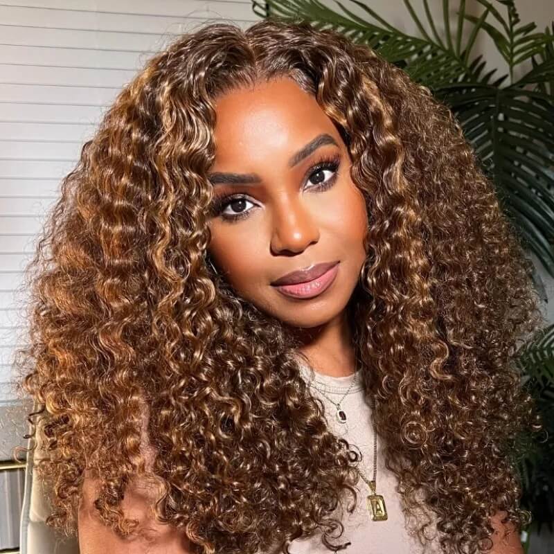 Curly Wigs 4/27 Brown Colored Highlight 4x4 HD Transparent Lace Closure Wig - Image 4