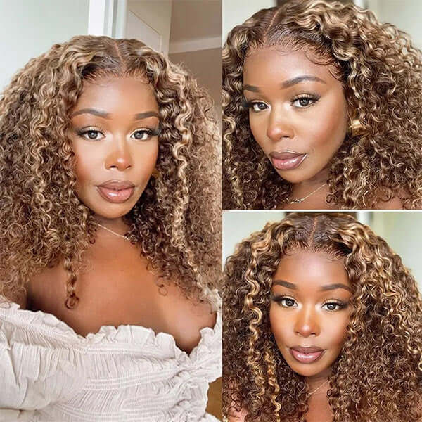 Curly Wigs 4/27 Brown Colored Highlight 4x4 HD Transparent Lace Closure Wig - Image 5