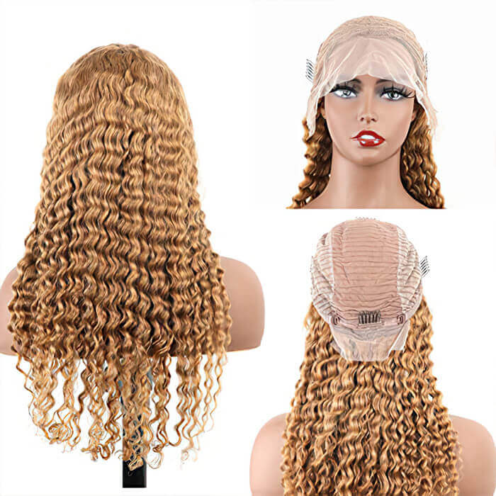Deep Wave #27 Colored Human Hair Wigs Honey Blonde 13x4 13x6 HD Transparent Lace Frontal Wigs - Image 3
