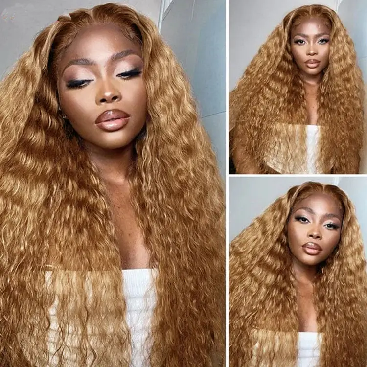 Deep Wave #27 Colored Human Hair Wigs Honey Blonde 13x4 13x6 HD Transparent Lace Frontal Wigs - Image 4