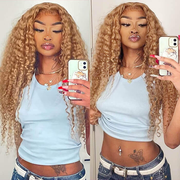 Deep Wave #27 Colored Human Hair Wigs Honey Blonde 13x4 13x6 HD Transparent Lace Frontal Wigs - Image 5