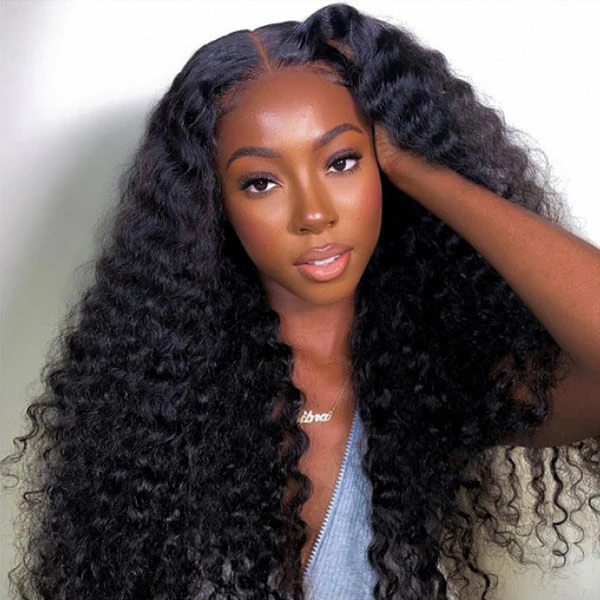 Deep Wave HD Transparent 4x4 Lace Closure Wig Natural Black Human Hair Wigs - Image 3