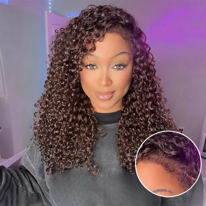 Glueless 4C Edges Curly Wig Reddish Brown Auburn Color Human Hair HD Lace Wig Kinky Edges Natural Hairline - Image 3