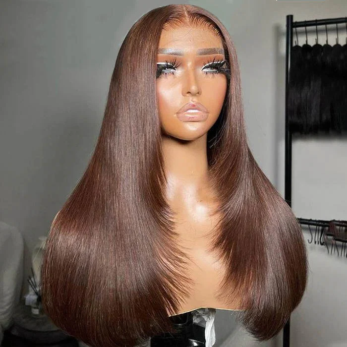 Clearance Sale | Glueless Layered Cut Chocolate Brown Straight Wig 8x5 Pre Cut HD Lace Wig Special Offer - Image 3
