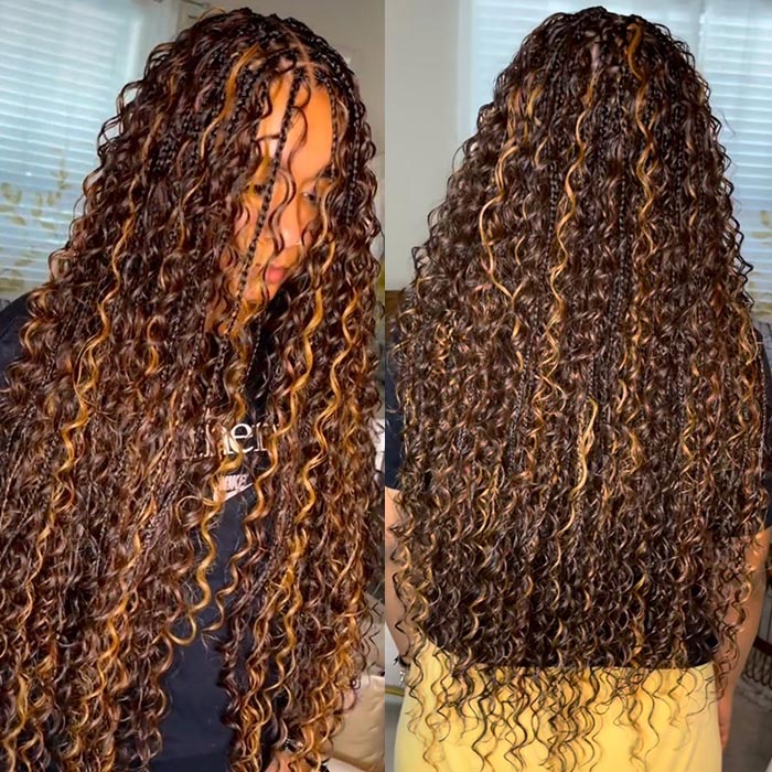 Highlight Brown Blonde Water Wave Knotless Boho Braided Glueless Wig Drawstring 13x6 Lace Frontal Wig - Image 4