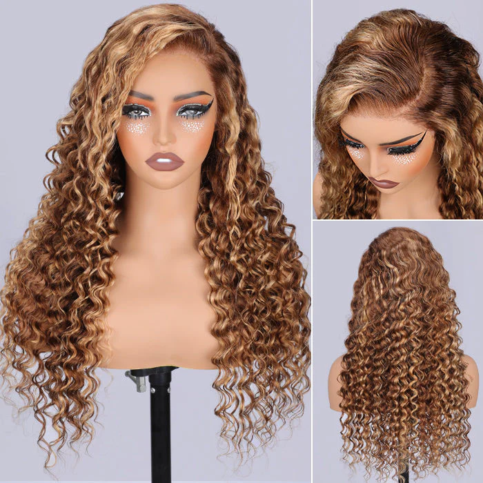 Invisi-String 360 HD Lace Frontal Balayage Highlights Blonde Glueless Wig Snug Fit Water Wave Human Hair Wigs - Image 5