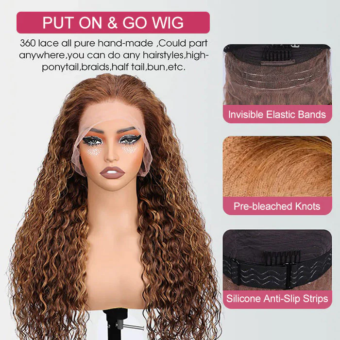 Invisi-String 360 HD Lace Frontal Balayage Highlights Blonde Glueless Wig Snug Fit Water Wave Human Hair Wigs - Image 8