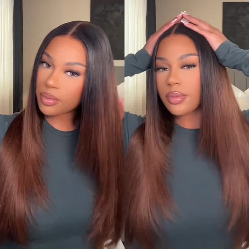 Ombre Brown Color Straight Human Hair Wigs Glueless HD Lace Wigs - Image 4
